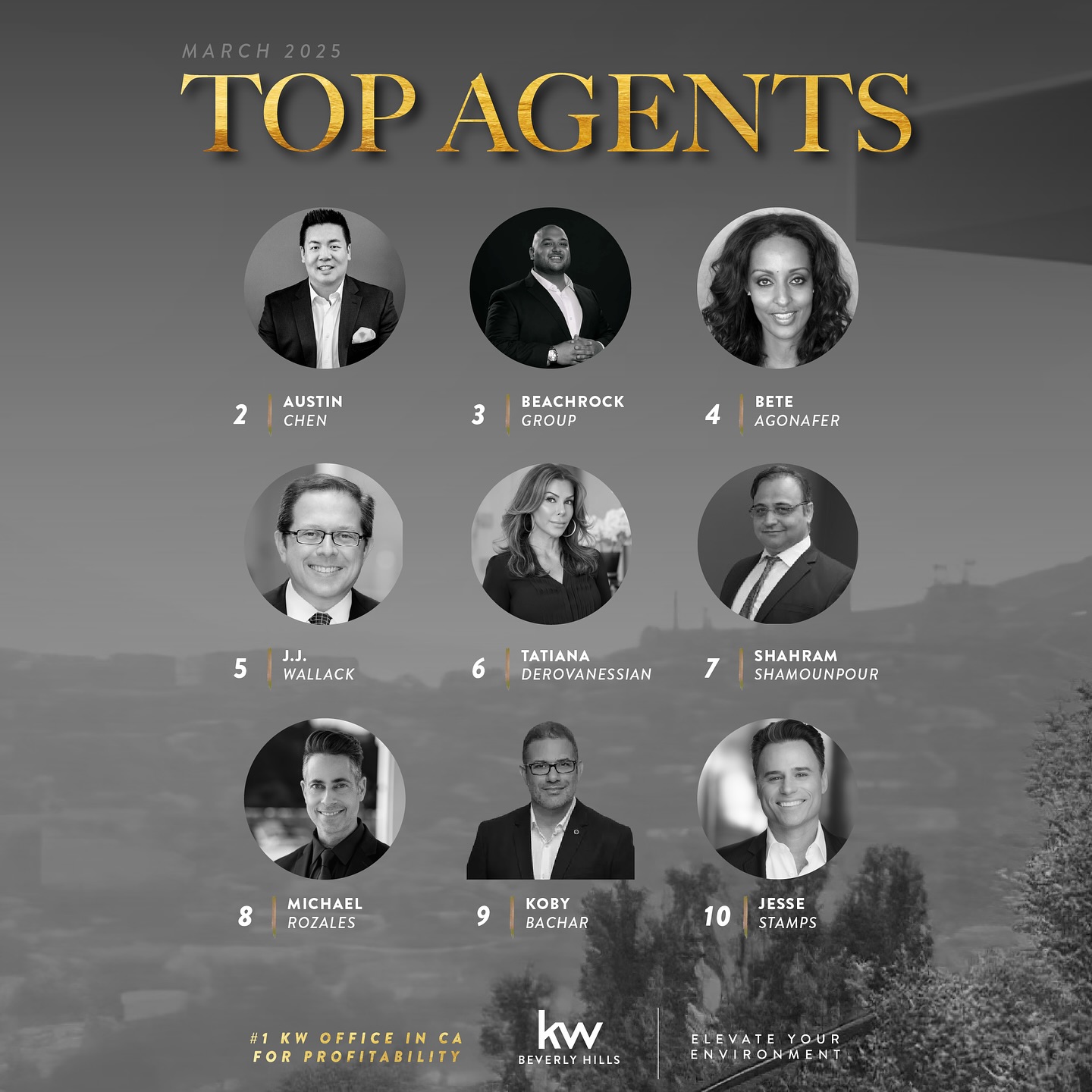 Top 10 Agent — KW Beverly Hills award certificate presented to California Luxury Investments in Mar 2025