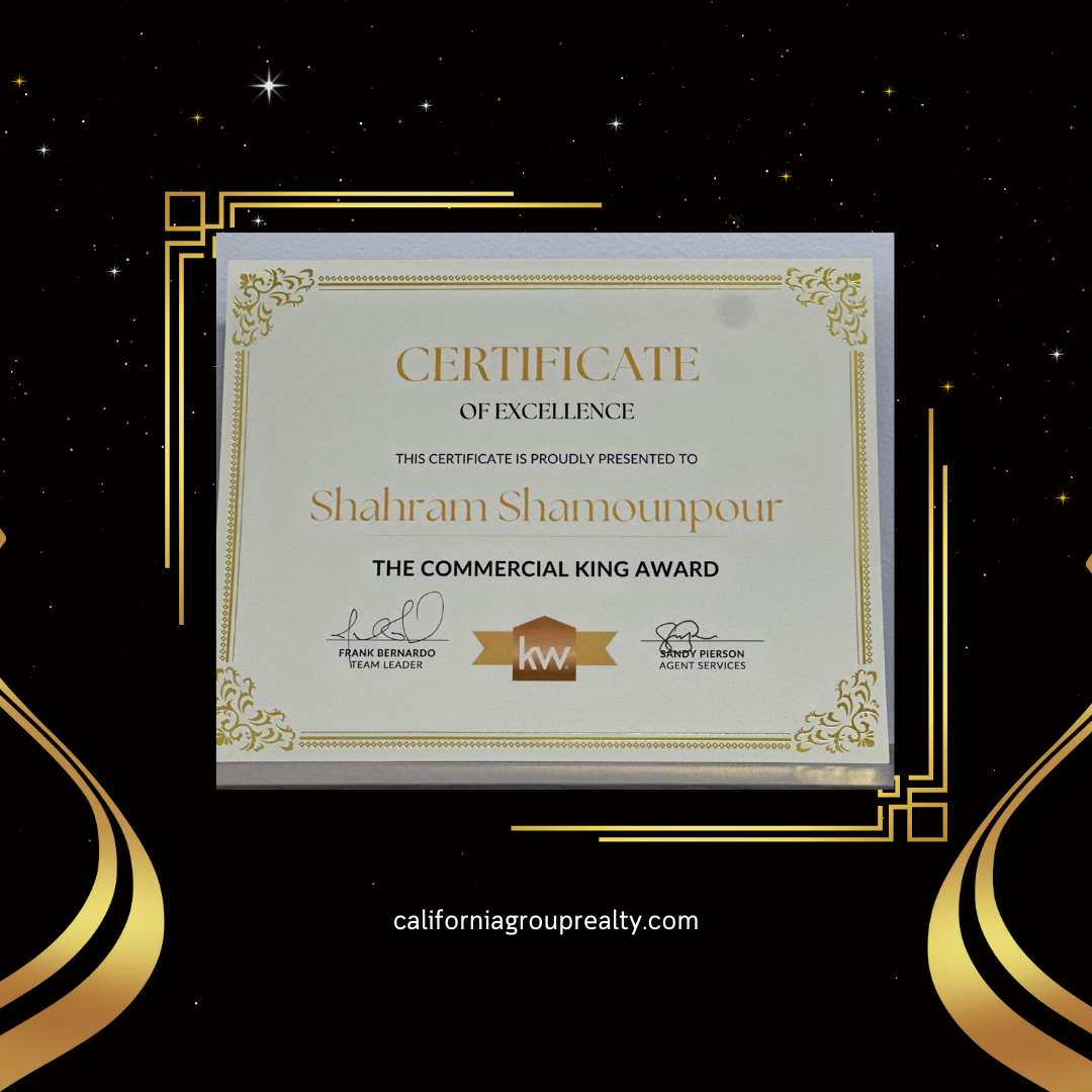 The Commercial King Award award certificate presented to California Luxury Investments in 2024