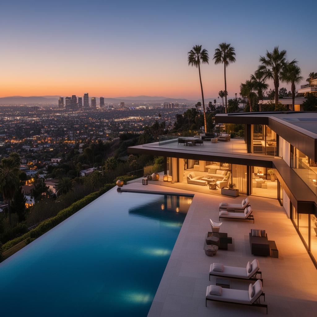 Beverly Hills modern mansion with infinity pool overlooking the Los Angeles skyline at twilight