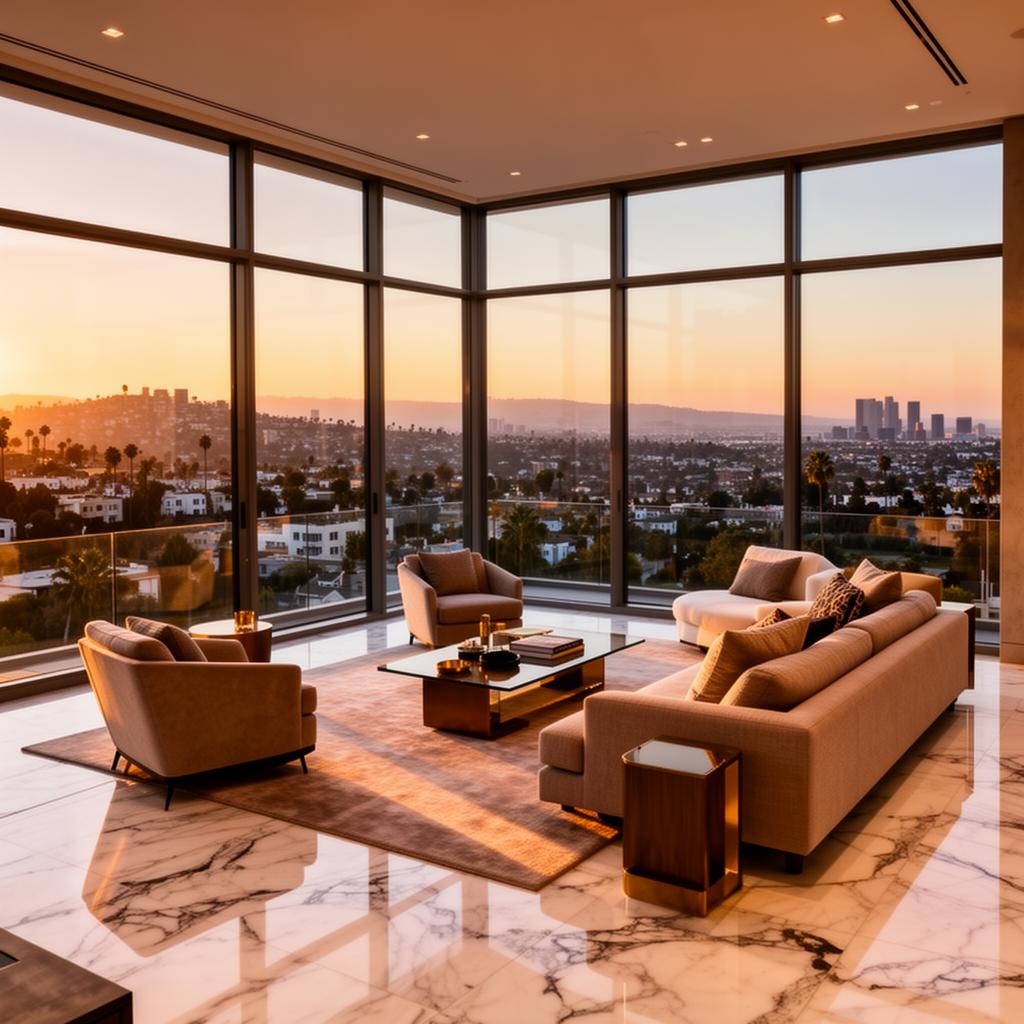 Luxury penthouse interior with marble floors and panoramic Los Angeles skyline views