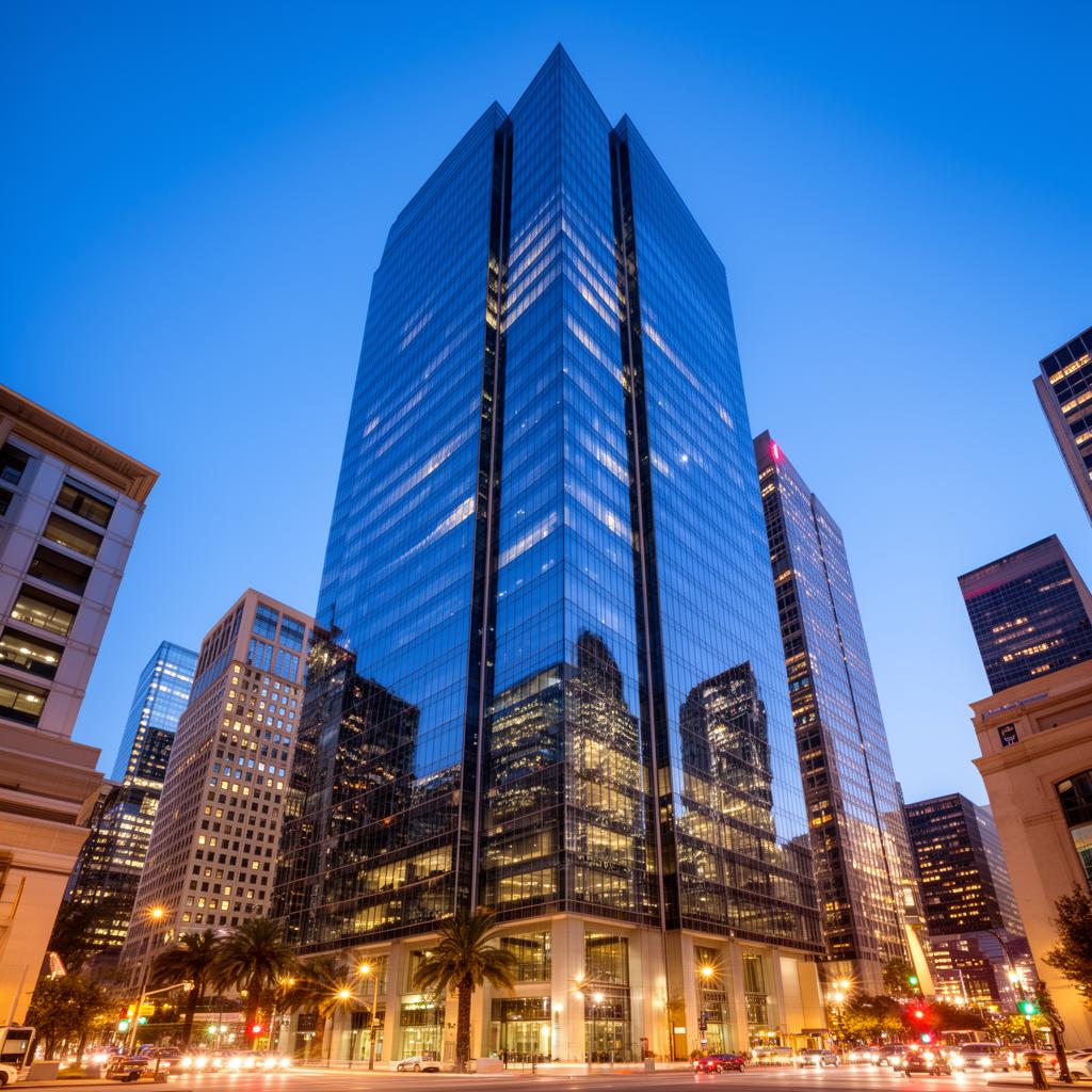 Downtown Los Angeles glass office tower at blue hour — commercial real estate investment